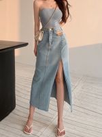 【CC】☬☄✧  DEEPTOWN Denim Skirt Waist  A-LINE Korean Jean Slit Fashion