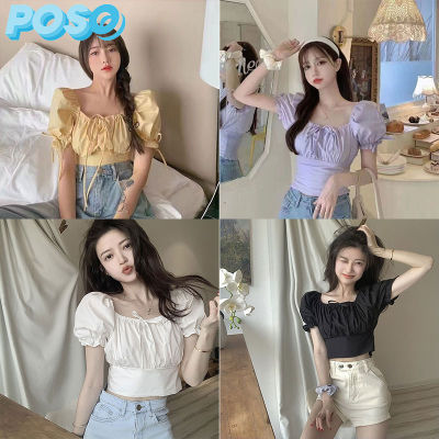 พร้อมส่ง เสื้อครอปแขนสั้น สม็อคเอว ครอปคอเหลี่ยม ดีไซน์สวยๆ