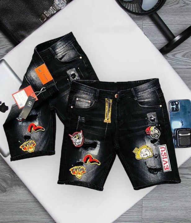 Quần short jean nam thêu logo EVISU phối dây kéo lệch vàng siêu ...