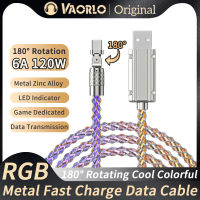 VAORLO ไฟ RGB 180 ° 6A หมุนได้120W ชาร์จ USB สายเคเบิลเร็วสุดๆไปยัง iPhone TypeC MicroUSB รองรับการไหลของการถ่ายโอนข้อมูลสีสันสดใสสายชาร์จสามารถใส่ได้กับ iPhone แอนดรอยด์