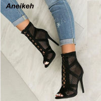 Aneikeh 2022 Fashion Basic Sandals Boots Women High Heels Pumps y Hollow Out Mesh Lace-Up Cross-tied Boots Party Shoes Party