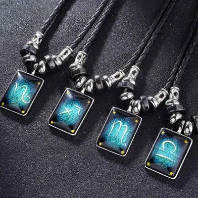 12 Constellation Luminous Leather Necklace for Men Jewelry 12 Horoscope Zodiac Necklace Pendant Women Boys Girl Birthday Gifts
