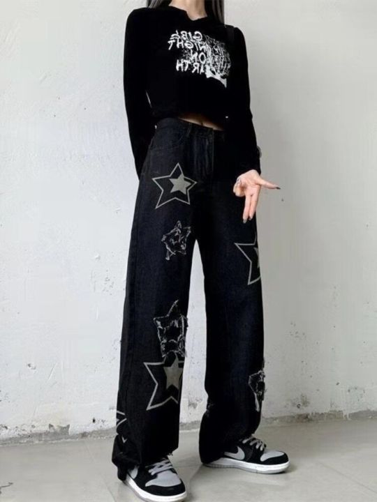 กางเกงยีนส์ขาบานแนวกรันจ์พังก์ดาววินเทจยุค90s-กางเกงขายาวสีดำกางเกงยีนส์สตรีไฮสตรีทกว้างสไตล์บอยเฟรนด์