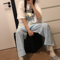 Plaid Pijama Women Korean Sleepwear Funny Bear Print Pajamas for Girls Summer 2022 Pyjamas Set 2 Piece Short Sleeve Loungewear