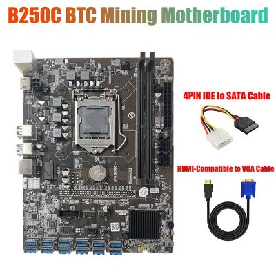 B250C Mining Motherboard with 4PIN IDE To SATA Cable+HD To VGA Cable 12 PCIE To USB3.0 GPU Slot LGA1151 Support DDR4 RAM