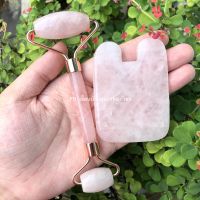 Rose quartz facial roller and Guasha ลูกกลิ้งโรสควอตซ์ ลูกกลิ้งนวดหน้า กัวซาโรสควอตซ์ กัวซาหยก หินกัวซา นวดหน้า หินนวดหน้า กัวซาทำเอง นวดหน้าใส นวด