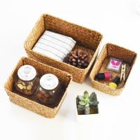 Handmade Woven Storage Boxes Straw Storage Basket Rectangle Cosmetic Gadgets Toys Wicker Basket Home Bathroom Organization