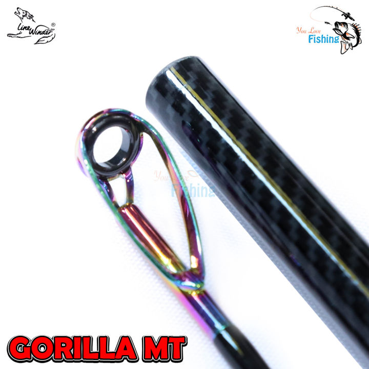 คันสปินหน้าดิน-ค่ายหมาป่า-line-winder-รุ่น-gorilla-mt-กอลิล่าเอ็มที-คัน-2-ท่อน-การันตีความเหนียว-เฟรมไกด์แต่ง-ชุบไทเทเนียมสีรุ้ง