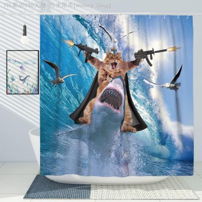 【CW】❇  Shower Curtain Sea Riding Whale  Cartoon Creativity Kids Polyester Fabric Hooks