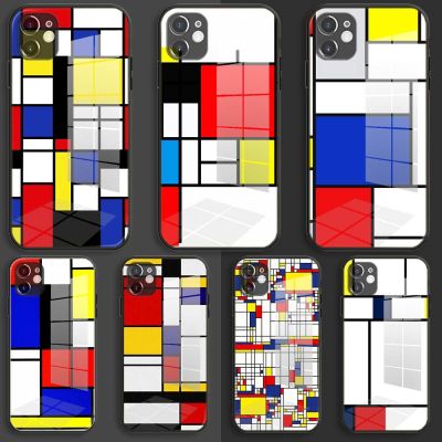 「16- digits」ซิลิโคนอ่อนนุ่มแก้วกรณีเชลล์สำหรับ iPhone 13 12 11 Pro X XS Max XR 8 7 6บวก SE 2020วินาที Balck ปก Mondrian ศิลปะสไตล์