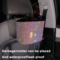 Rhinestone Car Trash Can Storage Bins Plastic Color Diamond Back Storage Box Waterproof Trash Grabber Car Hanging Accessories