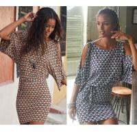 【cw】 European and American New Womens Clothes Printed off-the-Shoulder Mid-Sleeve Elastic Waist Loose Dress Beach Casual Dress 1905 ！