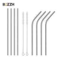 BOZZH 4/6Pcs Drinking Straws Reusable Stainless Steel Straws Set Bent Metal Straw With Cleaner Brush Big Bar Accessories Specialty Glassware