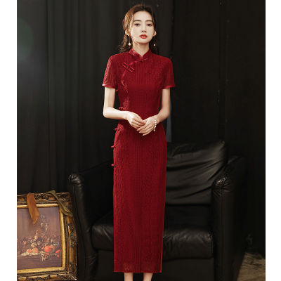 ชุดขนมปัง Cheongsam เจ้าสาวแต่งงาน2022ลูกไม้หนุ่มหมั้นชื่นชมชุดที่จัดเลี้ยงหญิงสีแดงยาว