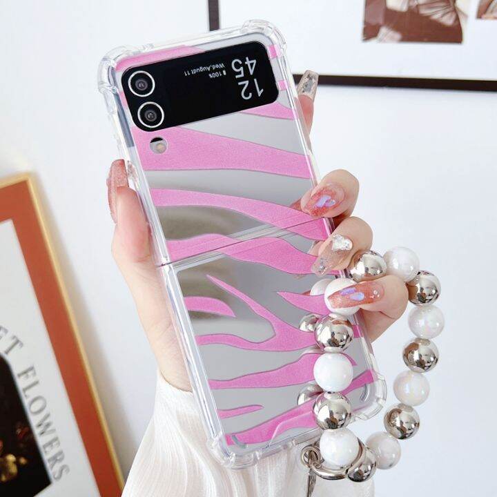 hoce-zebra-เคสโทรศัพท์กระจกรูปทรงสำหรับ-samsung-galaxy-z-flip-4-z-พลิก3กรณีแฟชั่นผู้หญิงสีชมพูกันกระแทก