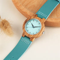 Unique Blue Dial Wood Watch for Ladies Wooden Wristwatch Genuine Leather Watch Strap Minimalist Womens Watch Gift montre femme