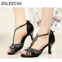 DILEECHI Latin Dance รองเท้าเพชรผู้หญิง Salsa สีดำซาตินหญิงรองเท้าเต้นรำสแควร์ Ballroom Dance รองเท้า Soft Outsole ส้น75มม.