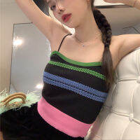 Asian Hot  เสื้อสายเดี่ยวลายทางสีสดใสแบบเอเชีย Cewek Seksi เอวสูงสั้น