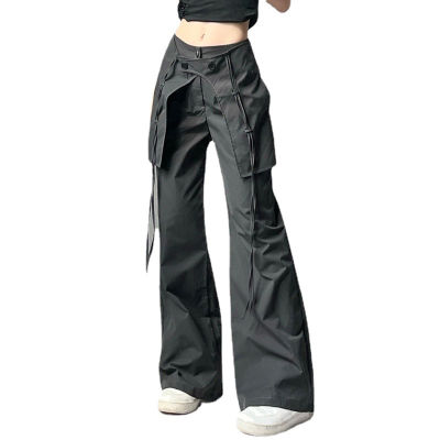 shenghao กางเกงคาร์โก้เอวต่ำผ้าพิกับริบบิ้นเย็บปะติดปะต่อกันกางเกงขาบานแดนซ์สีเทากางเกง Y2K หลวมแนวกรันจ์เกาหลีลำลอง