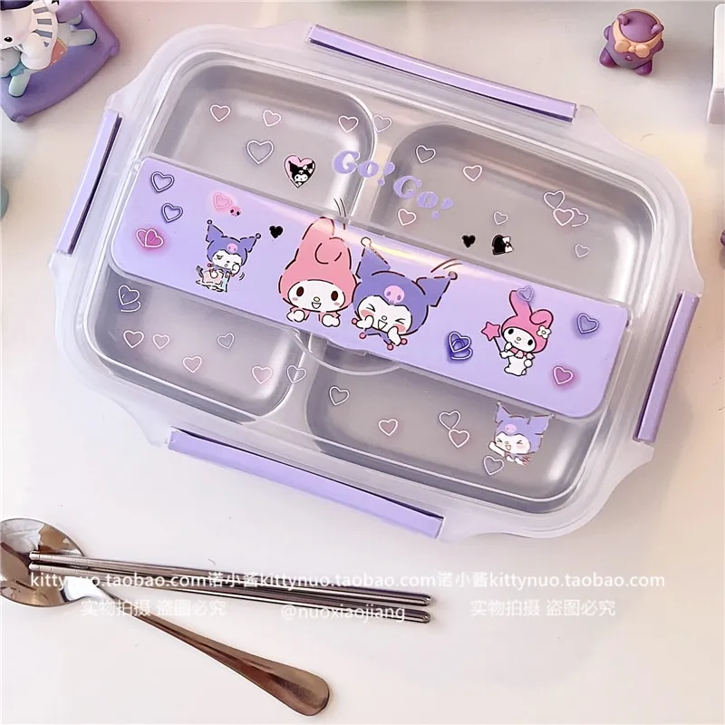 Kawaii Stainless Steel Divider Lunch Box Kuromi My Melody Cinnamoroll Child  Anime Sanrio Portable Lunch Box With Cutlery