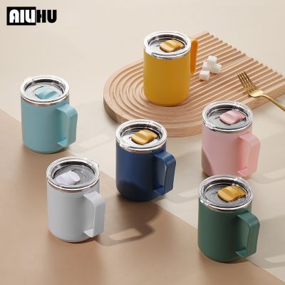 【High-end cups】 AILIHU 304สแตนเลสแก้วสำนักงานแก้วที่มีฝาปิดและจับกาแฟนมถ้วยของขวัญแก้วสร้างสรรค์ความร้อนถ้วย