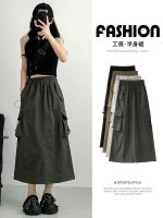 ♂◊ American retro tooling skirt womens summer thin section 2023 new high waist a-line slim mid-length gray skirt