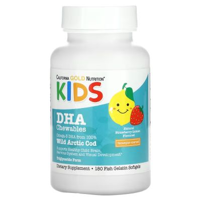 KIDS DHA จากปลาค็อดอาร์กติกธรรมชาติ 100% แบบเม็ดเคี้ยวสำหรับเด็ก รสสตรอว์เบอร์รี่-เลมอน (180 แคปซูลนิ่มจากเจลาตินปลา) - California Gold Nutrition