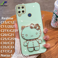 JieFie Hello Kitty เคสโทรศัพท์สำหรับ Realme C21Y / C25Y / C35 / C55 / C15 / C11 / C12 / C17 / C2 / C20 / C21 / C25 / C25S / C30 / C31 / C33 / C11 2021 / Narzo 50A / 50i ตุ๊กตาน่ารักเคสกระจกแต่งหน้าฝาหลัง TPU แบบนิ่มชุบโครเมี่ยมสุดหรูฉากยึด