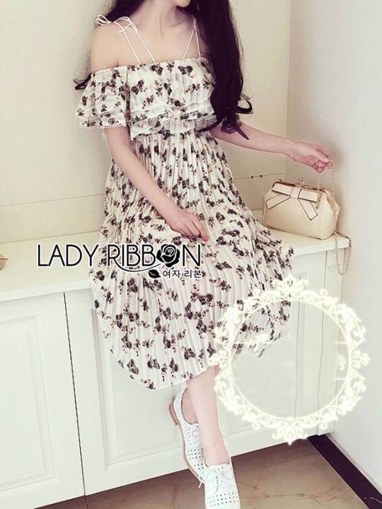 m-พร้อมส่ง-งานป้าย-lady-ribbon-เดรสสายเดรสปาดไหล่-ลายดอกไม้สีขาว-อัดพลีดสวยมาก-งานเดรสสั้นลุคคุณหนู-เสื้อผ้างานป้าย-เสื้อผ้าสาวอวบ