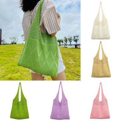 Mesh Handmade Bag Casual Hollow Woven Rhombus Pattern Women Knitted Tote Shoulder Bag