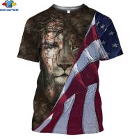 SONSPEE Mens 3D American Flag Tiger Lion Printed T-Shirts Fashionable Round Neck Short Sleeve Clothes Male Clothes Summer Tees