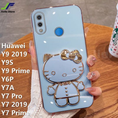 JieFie เฮลโลคิตตี้เคสโทรศัพท์สำหรับ Huawei Y9 2019 / Y9S/Y9ไพร์ม/Y7A/Y6P/Y7โปร/Y7 2019/Y7ไพร์มตุ๊กตาน่ารักเคสกระจกแต่งหน้าเคลือบโครเมี่ยมสุดหรูฝาครอบพร้อมตัวยึดหลัง TPU นิ่ม