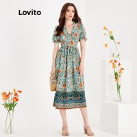 ◑♘❆ Lovito Boho Paisley Wrap Ruffle Puff Sleeve Position Printing Dress for Women L51ED132 (Teal Blue)