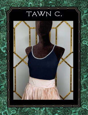 TAWN C. - Black Lycra Claudette Top เสื้อสายเดี่ยวปักมุก