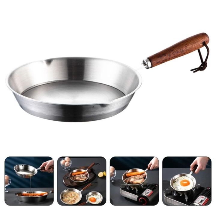 LE VICTORY Oven Safe 304 Stainless Steel Frying Pan Wooden Handle Flat ...