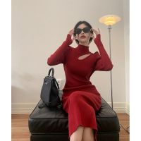 New Year Red Hollow Out Half A Turtle Neck Long Sleeve Dress Female Temperament Of Winter Satchel In Waist Hip Skirt