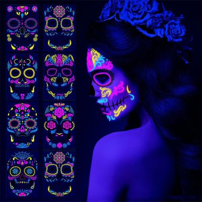 Temporary Fluorescent Face Tattoos Halloween Sticker Flower/cobweb False Tattoo Festival Party Body Sticker Waterproof