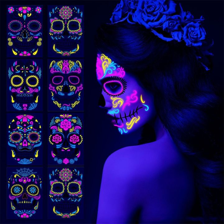 temporary-fluorescent-face-tattoos-halloween-sticker-flower-cobweb-false-tattoo-festival-party-body-sticker-waterproof