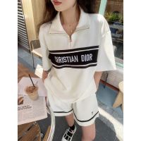 G14M DIO R 23 summer new color contrast embroidery letter set small lapel top with elastic shorts lazy fashion