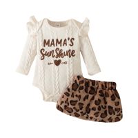 Infant Baby Girl Jumpsuit 2Pcs Set, Letter Print Fly Sleeve Crew Neck Knitting Romper + Leopard Print Mini Skirt  by Hs2023