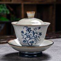 ชุดชงชาและที่คลุมมือ Gaiwan ทำชุดชามทาสีสำหรับชงชาฟืนฟูสโตนแวร์วินเทจสีฟ้า