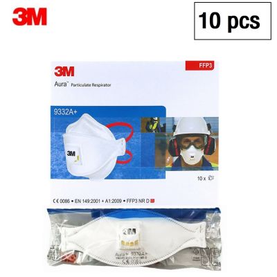 3M 9332A+ (10ชิ้น/กล่อง) หน้ากากป้องกันฝุ่นแบบพับได้ พร้อมวาล์วระบายอากาศ 3M 9332 FFP3 พร้อมกล่อง