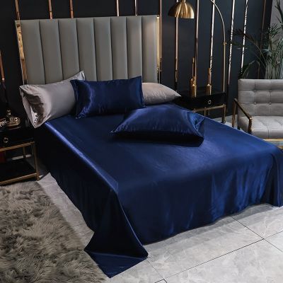 Bonenjoy 1pc Bed Linen Satin Blue Solid Color Smooth Queen Size Flat Bed Sheet King Top Sheet for Beds(pillowcase need order)