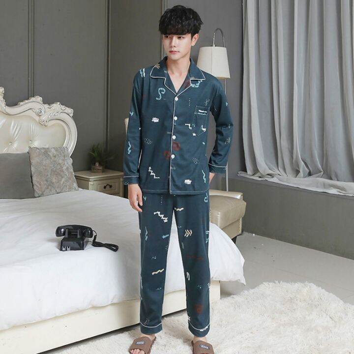 muji-high-quality-pajamas-mens-long-sleeved-summer-thin-cardigan-set-mens-clothes-dad-spring-and-autumn-youth-middle-aged-plus-size-loose-suit