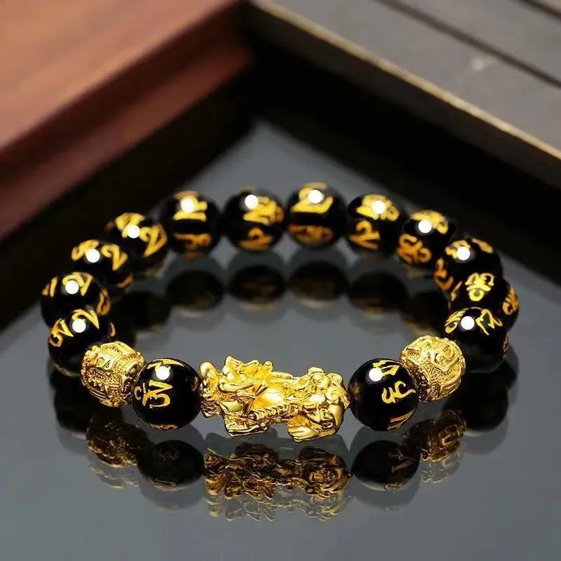 Saudi 18k Pixiu Bracelet-12mm Six-character Gold Beads bracelet Fortune and Accessories | Lazada PH