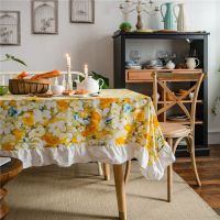 Table Cloth Cotton Yellow Tablecloth for Table nappe de table Floral Print Table Cover with Ruffled Rural Style Dining Table Household Rectangular