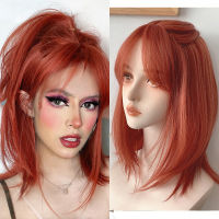 LANLAN Synthetic Mid-length Red Straight Wig With Bangs, Synthetic Heat Resistant Fiber Hair Short Wigs for BlackWhite Women