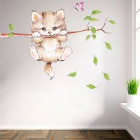 cute cat butterfly tree branch wall stickers for kids rooms home decoration cartoon animal decals diy posters pvc mural art