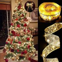 Christmas Tree Decorations LED Ribbon Lights Fairy Christmas Tree Ornaments Lace Bows String Lights Navidad Home Decor New Year