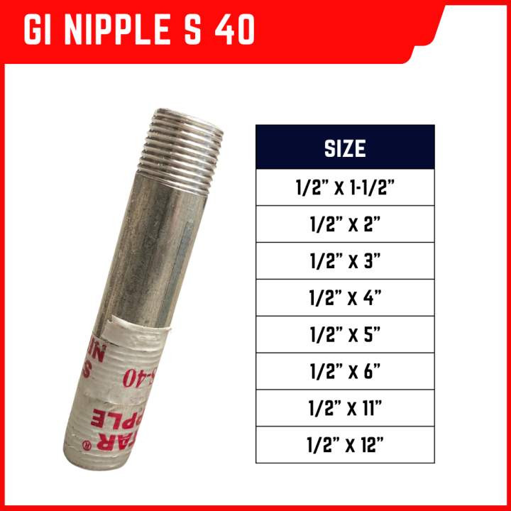GI Nipple S40 Galvanized Metal Pipe Fitting Heavy Duty 1/2" Diameter